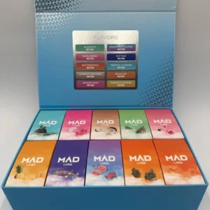Mad Labs Disposable offers a sleek, premium vaping experience with 5% nicotine salt, rich flavors, and a sleek gold design. Enjoy up to 600 puffs.
